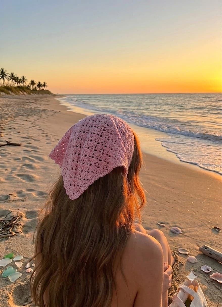 Bandana Rosa em Crochê com Fio de Algodão Mercerizado