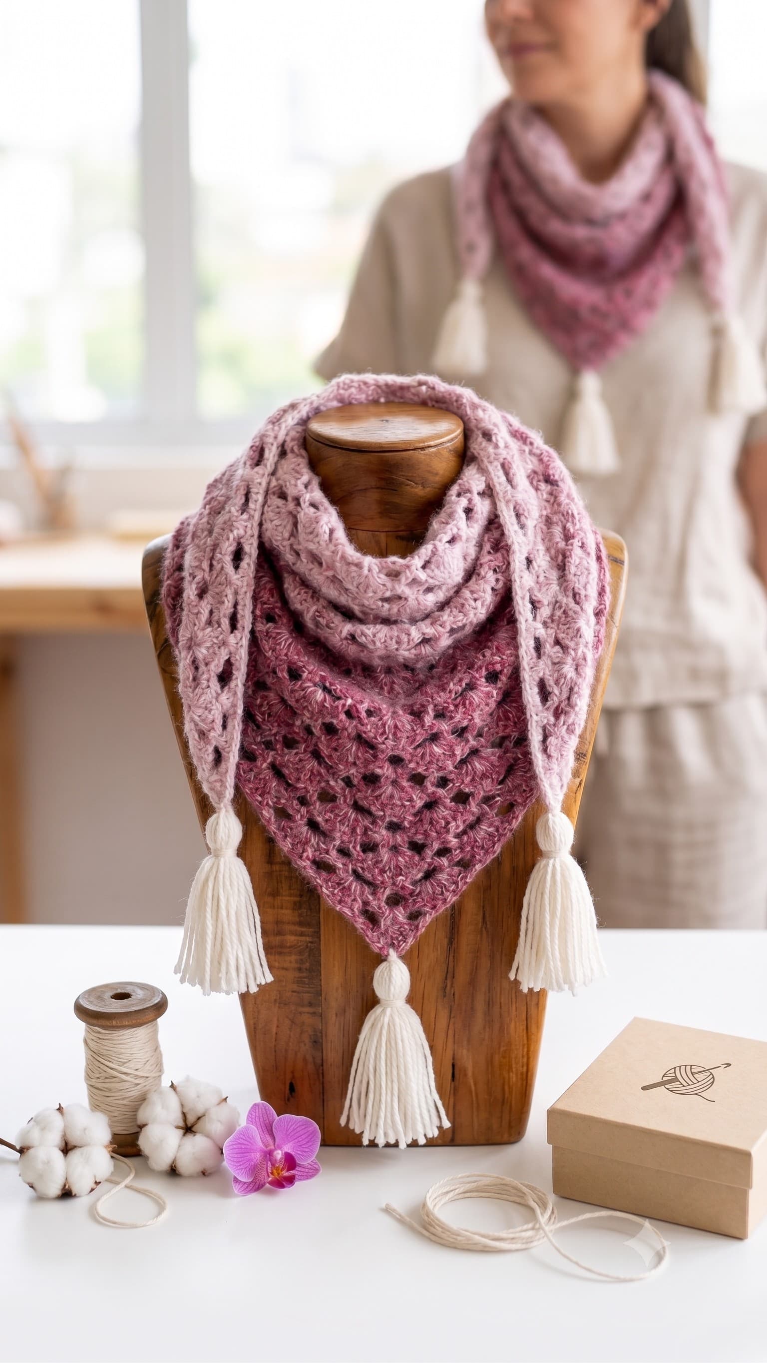 Xale Artesanal Inverno Rosa - Feito à Mão em Croche