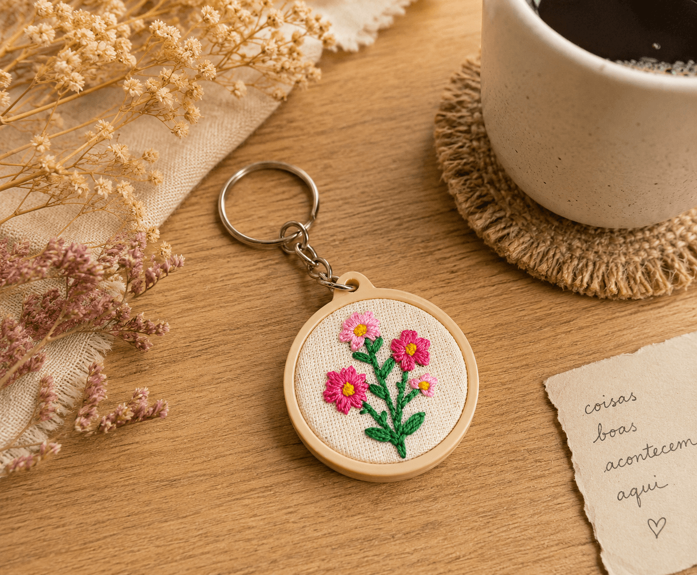 Chaveiro Mini Bastidor com Bordado Floral Artesanal