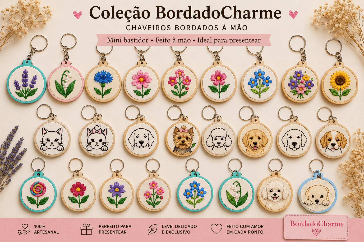 Chaveiro Mini Bastidor Bordado à Mão - Coleção BordadoCharme