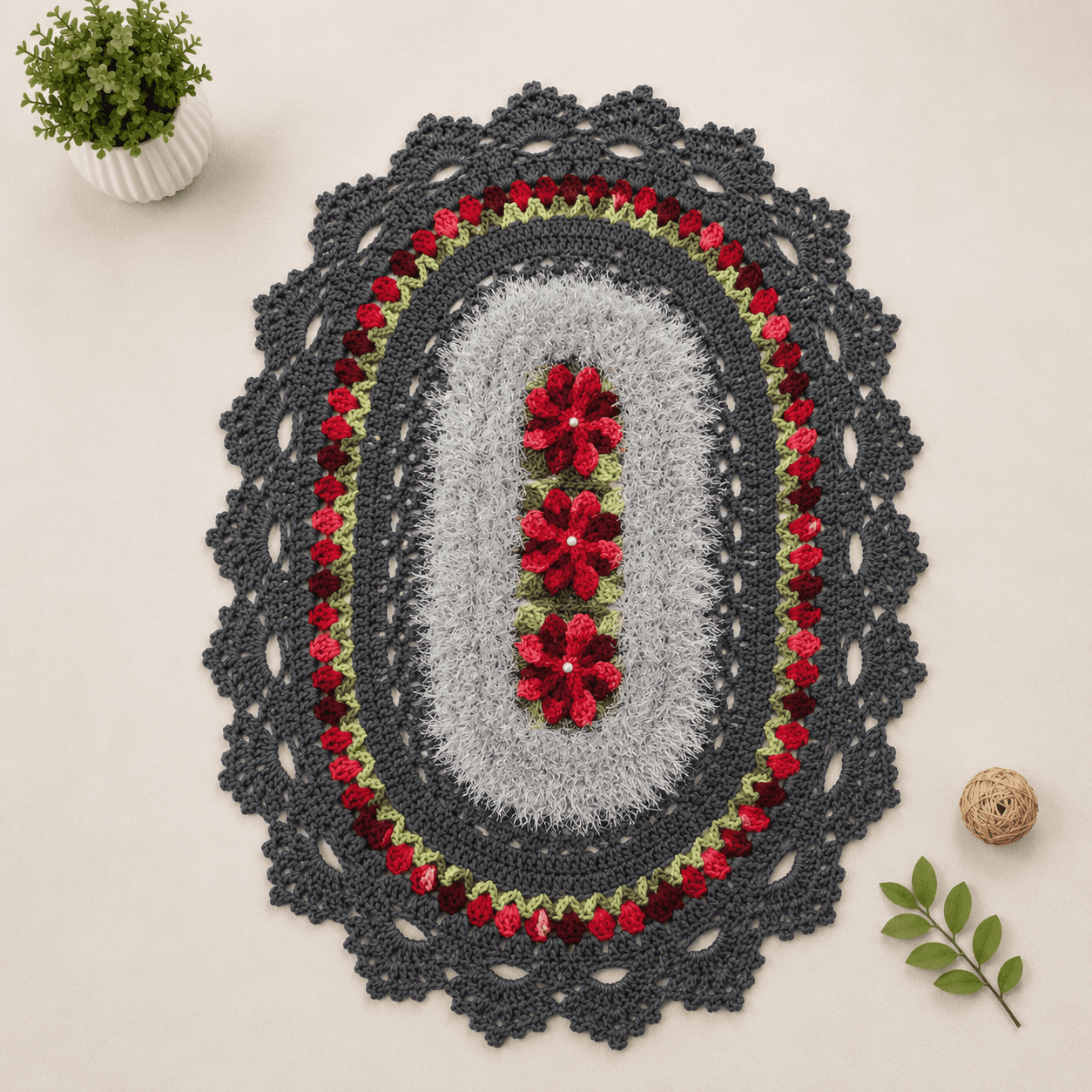 Tapete de crochê Marluce oval decorativo para sua casa