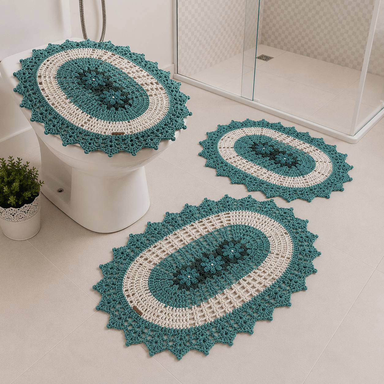 Conjunto de banheiro de crochê Mary 03 peças oval decorativa para seu banheiro