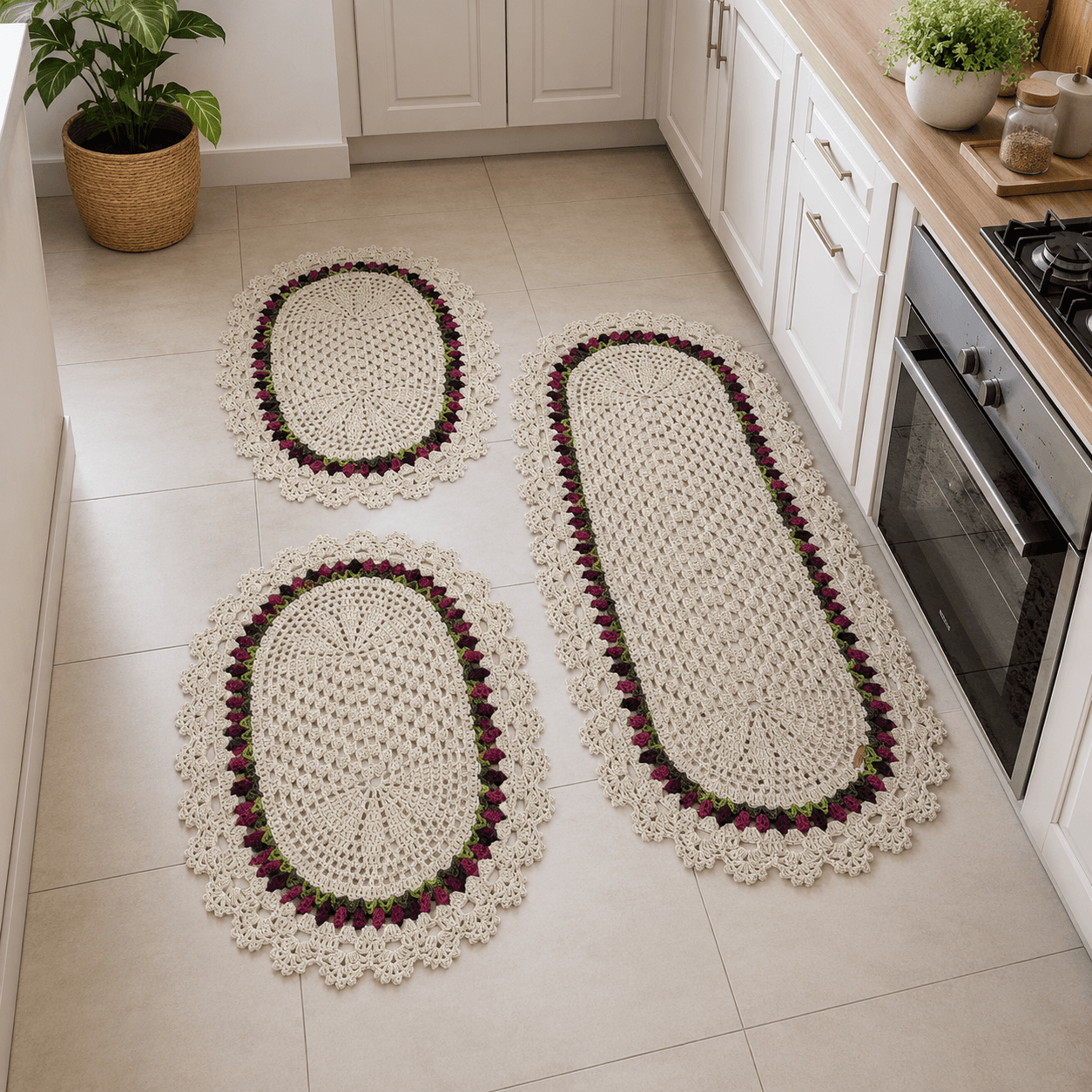 Conjunto de passadeira Darla de crochê oval decorativa para sua casa com 3 peças.