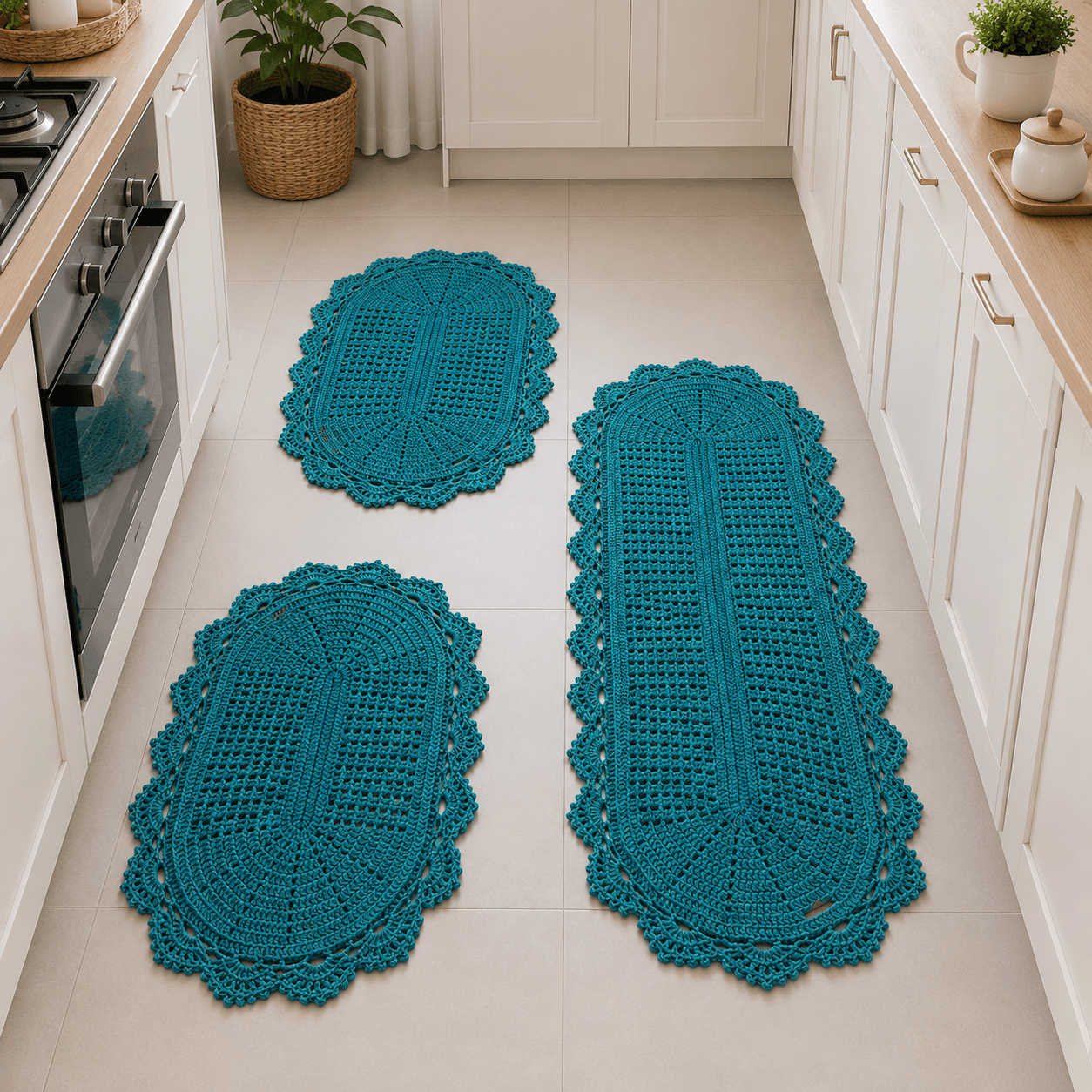 Conjunto de passadeira de crochê 3 peças Dani oval decorativa para sua casa.
