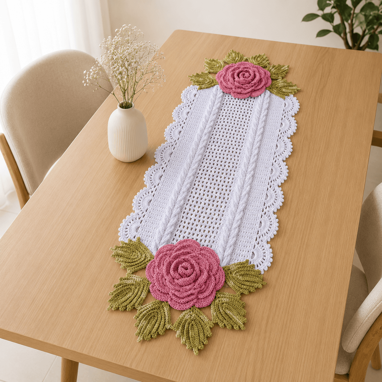 Trilho de mesa de crochê Mega Rosa retangular decorativo para sua mesa