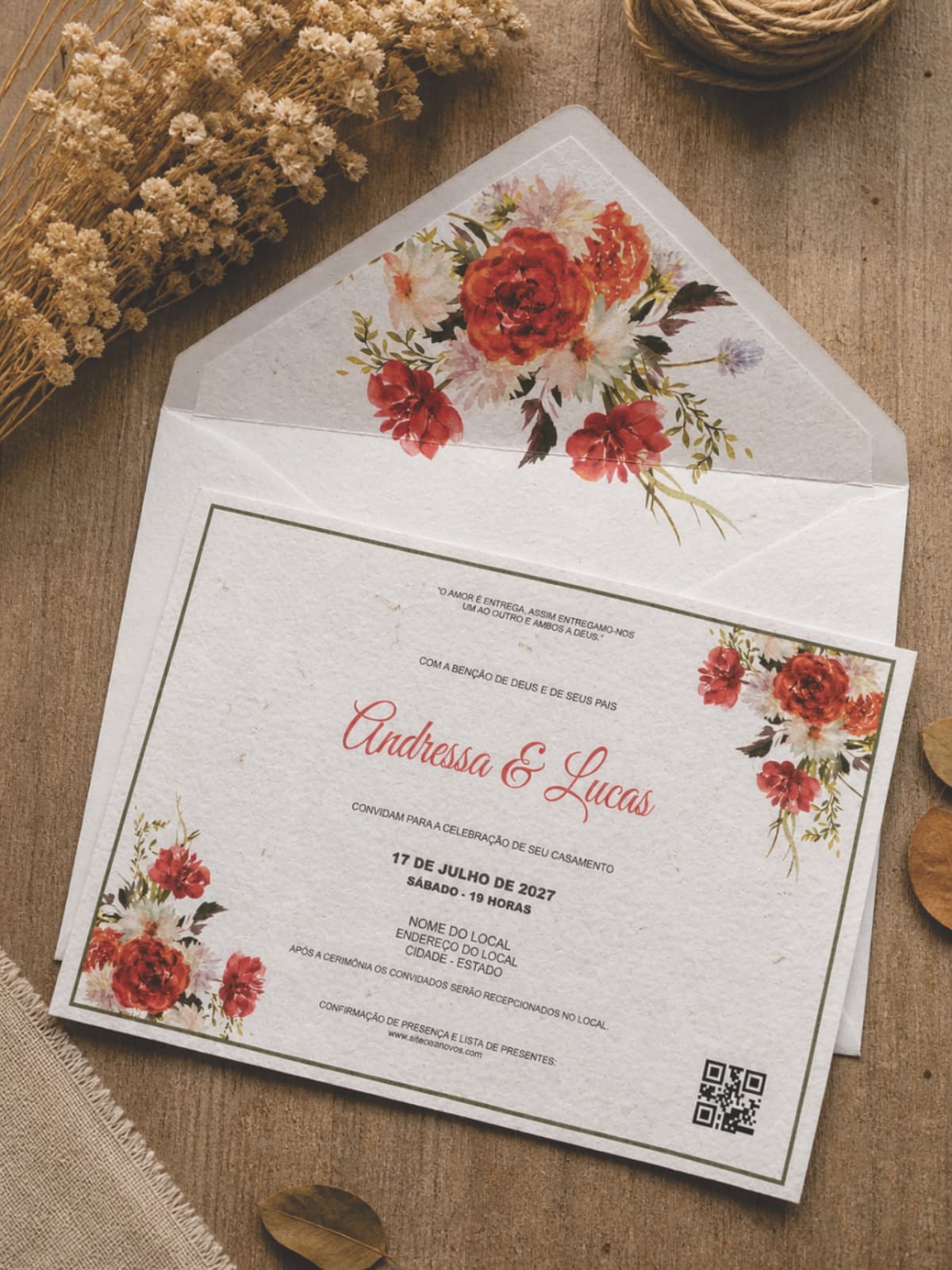 Convite Casamento Envelope forrado Floral Terracota