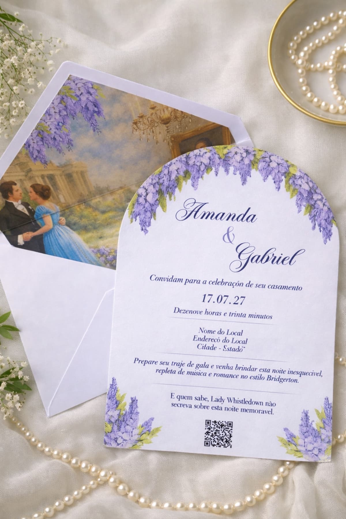 Convite de Casamento Bridgerton Formato Arco com Envelope Forrado