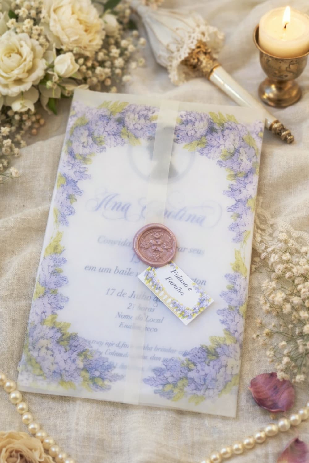 Convite 15 Anos Bridgerton Jornal Lady Whistledown com Lacre de Cera