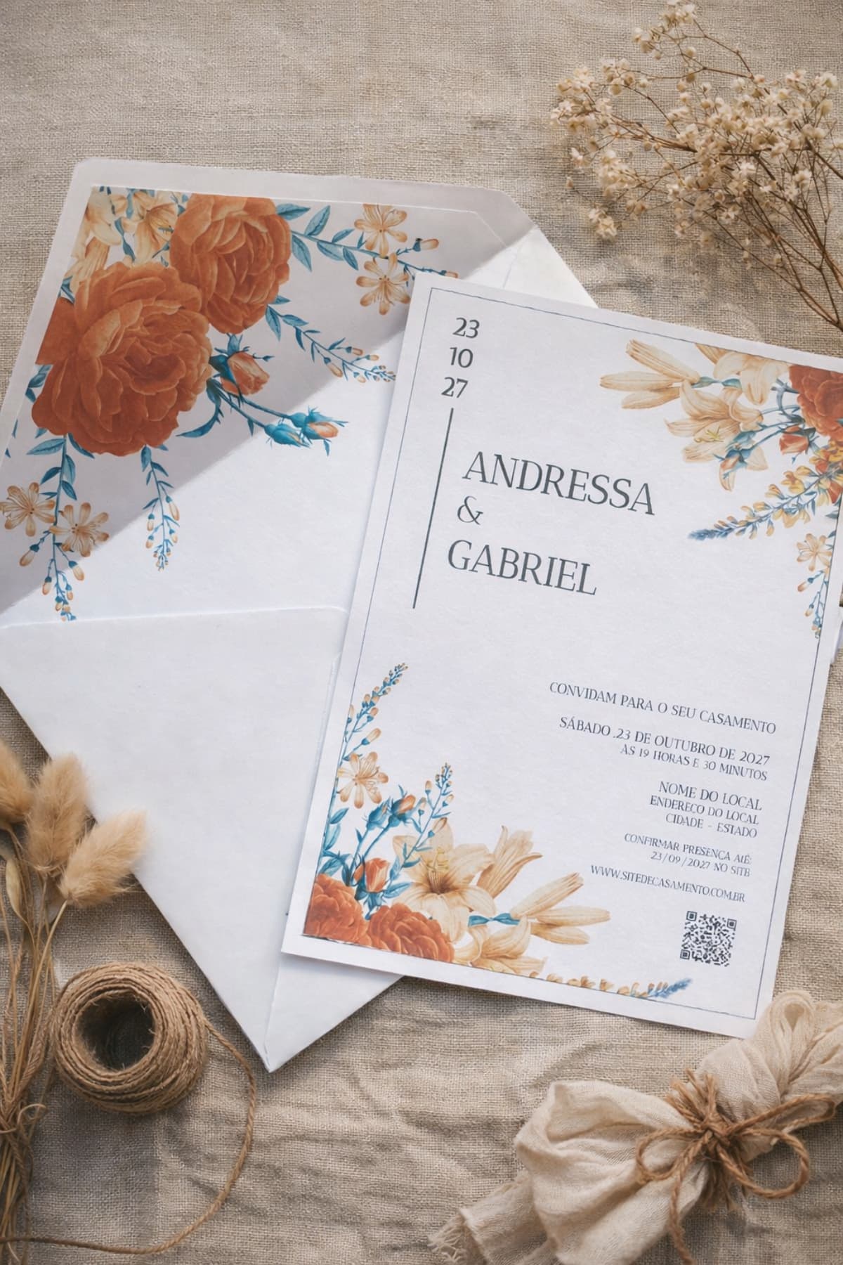 Convite de Casamento Terracota e Azul com Envelope Forrado