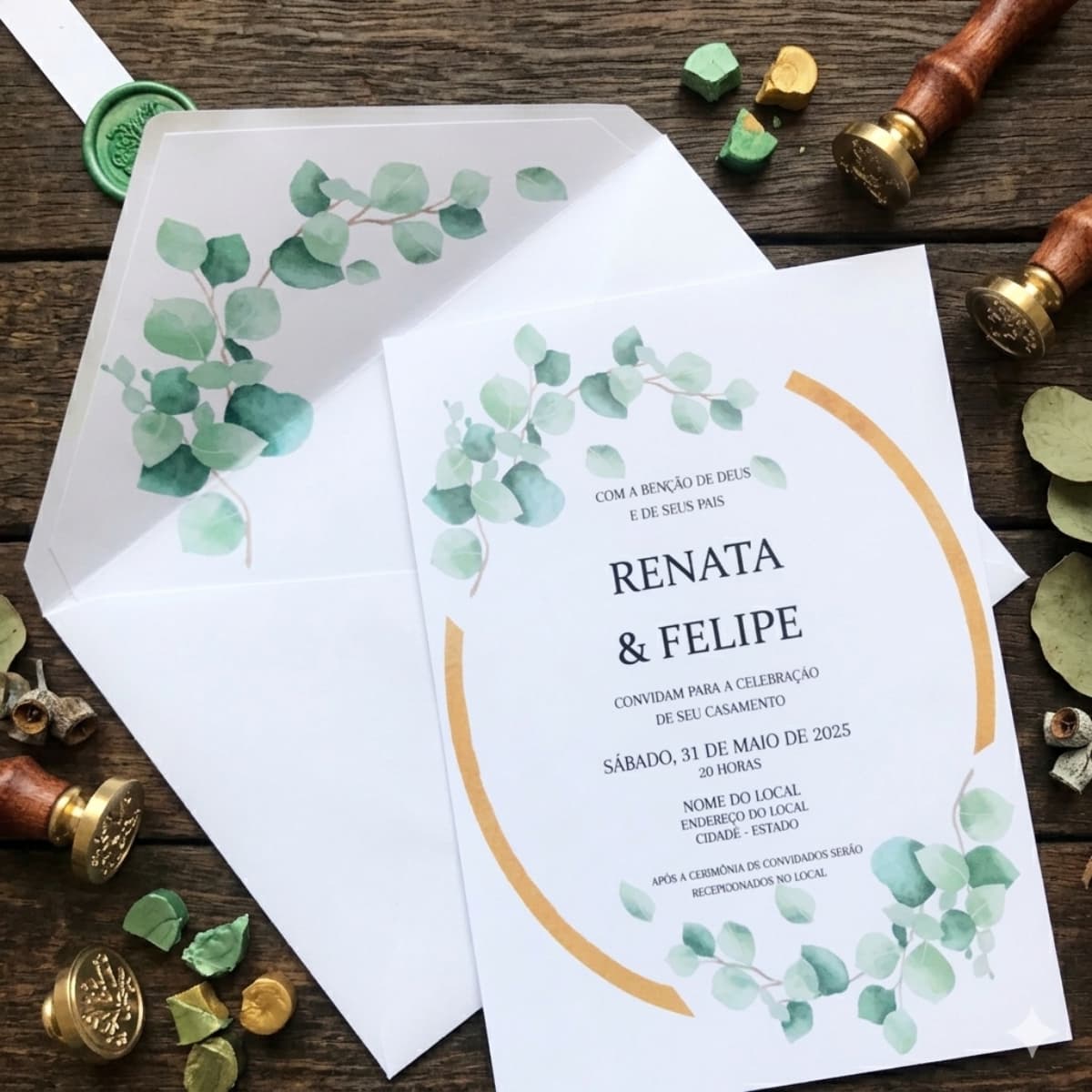 Convite de Casamento Eucalipto com Envelope Forrado e Lacre de Cera
