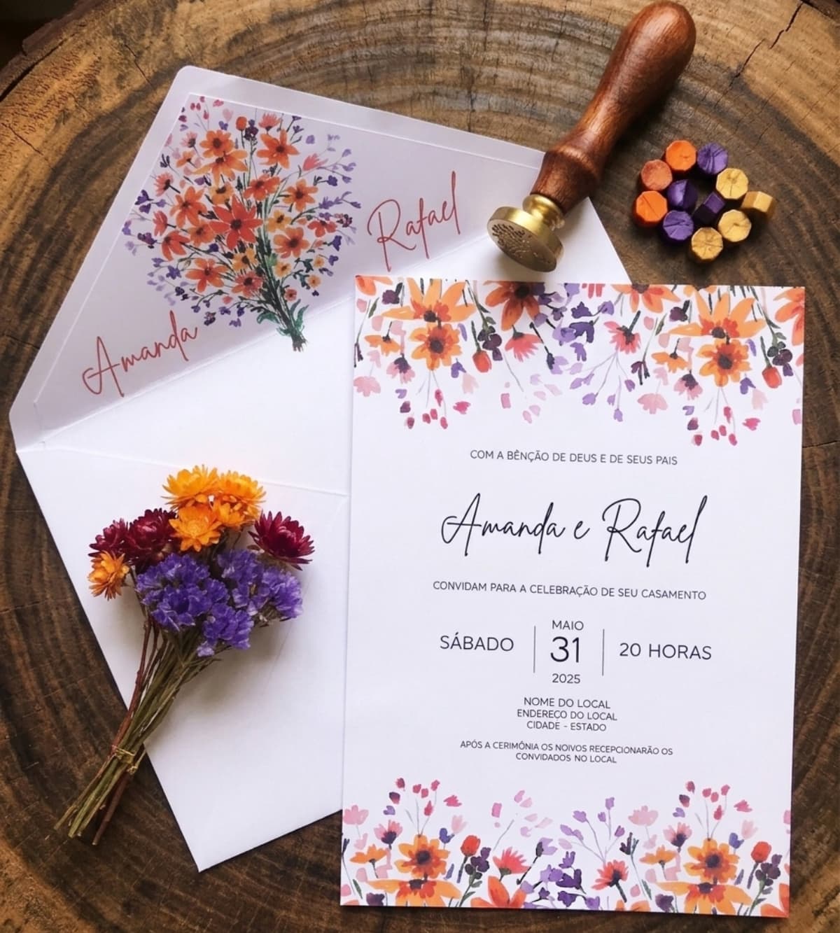 Convite de Casamento Rústico Floral Aquarela com Lacre de Cera