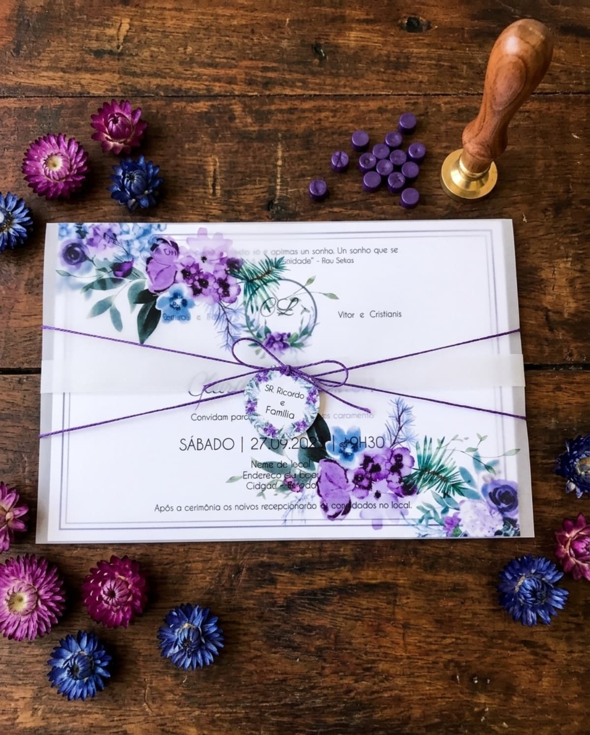 Convite de Casamento em Papel Vegetal Floral Lilás e Roxo