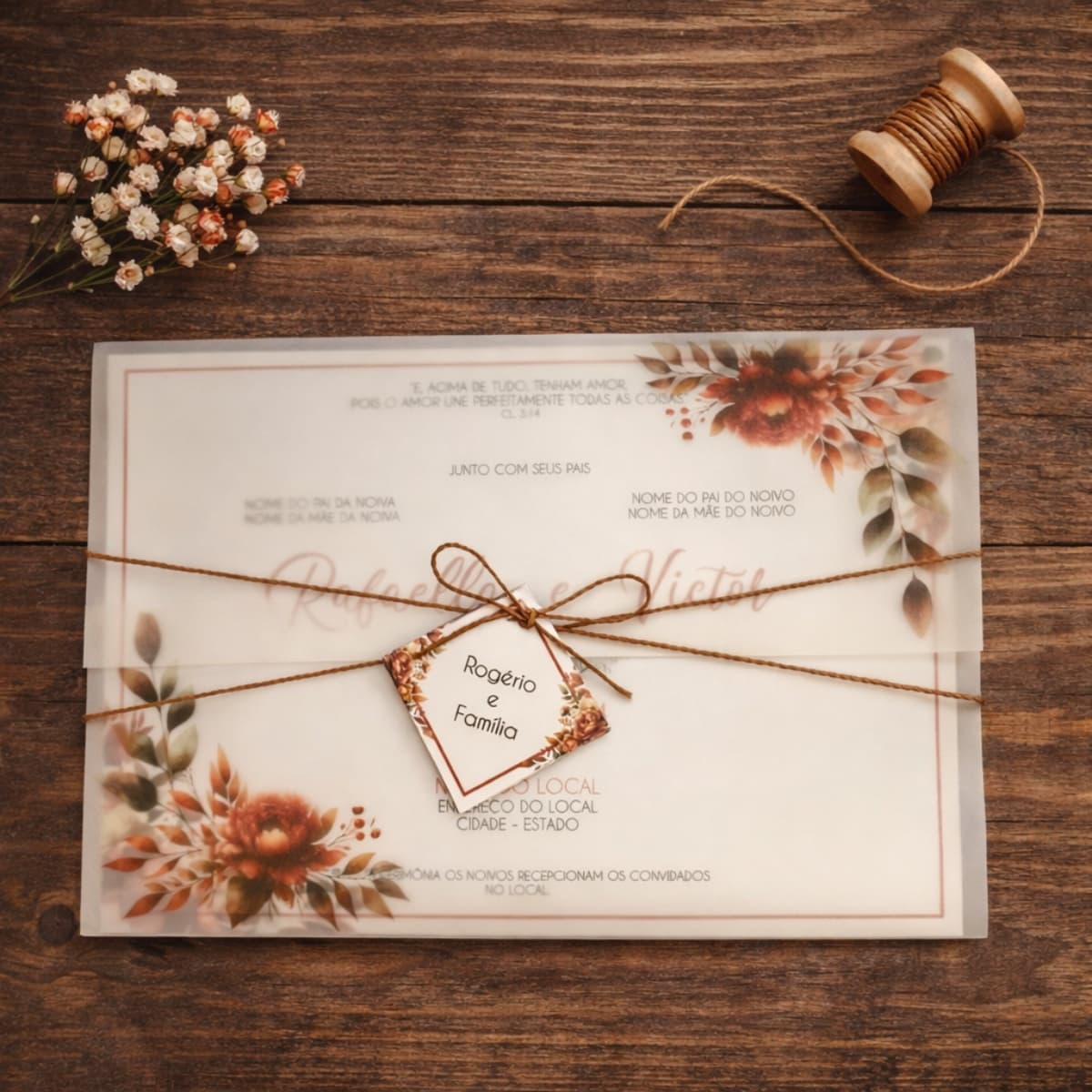 Convite de Casamento Floral Terracota com Envelope Papel Vegetal, Cordão Encerado e Tag
