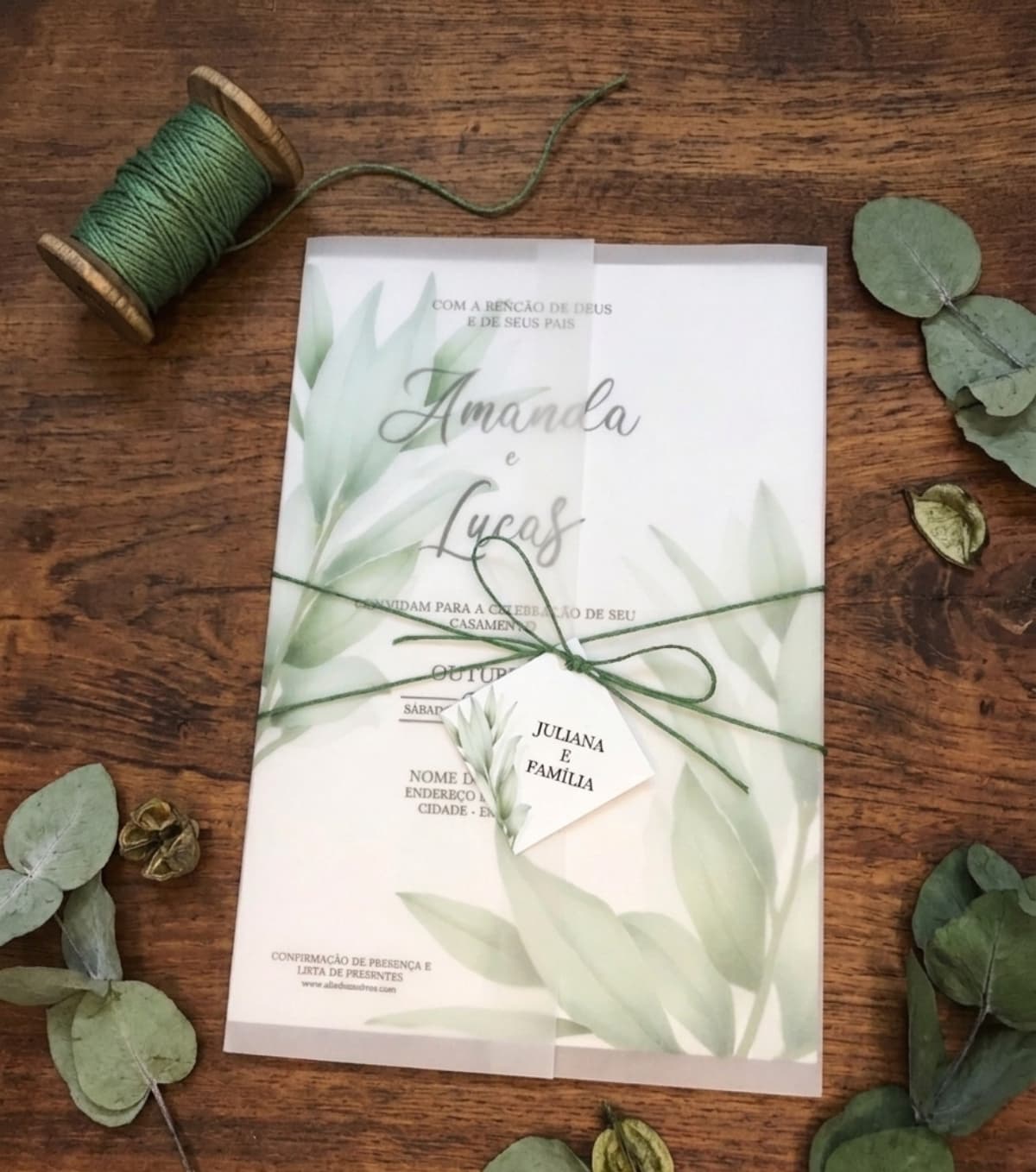 Convite de Casamento Botânico Folhas de Oliveira com Envelope Vegetal