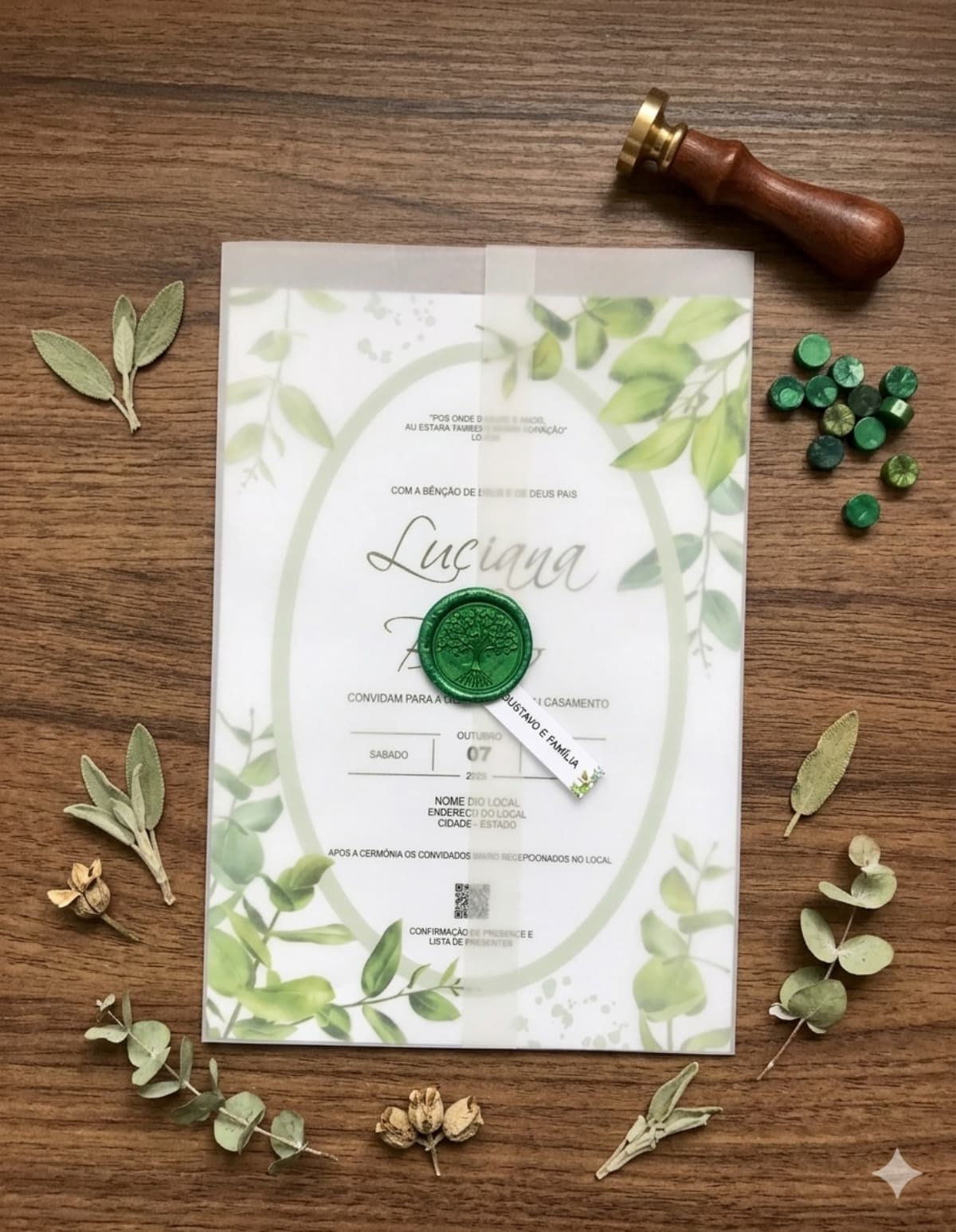 Convite de Casamento Botânico Verde-Oliva Eucalipto com Papel Vegetal