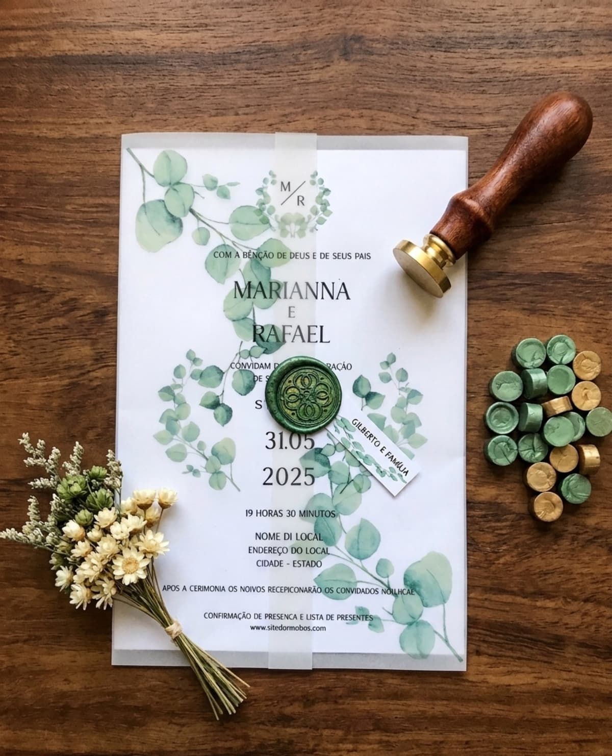 Convite de Casamento em Papel Vegetal com Eucalipto e Lacre de Cera