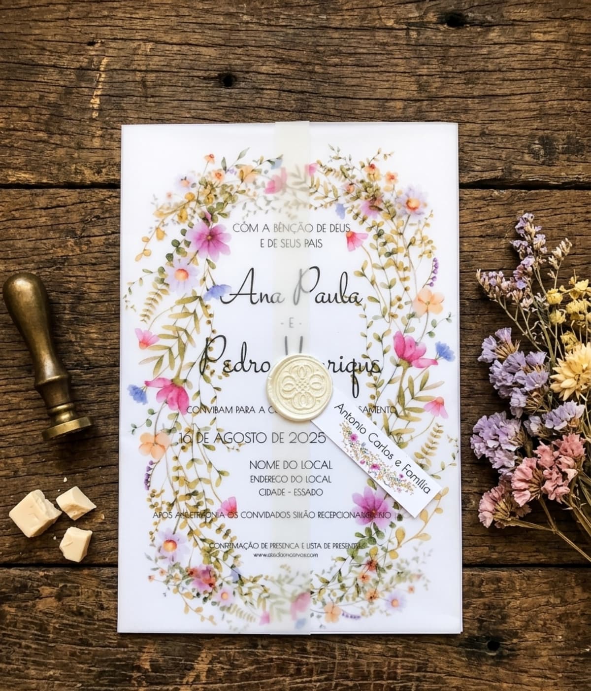 Convite de Casamento Wildflowers com Envelope de Papel Vegetal e Lacre de Cera
