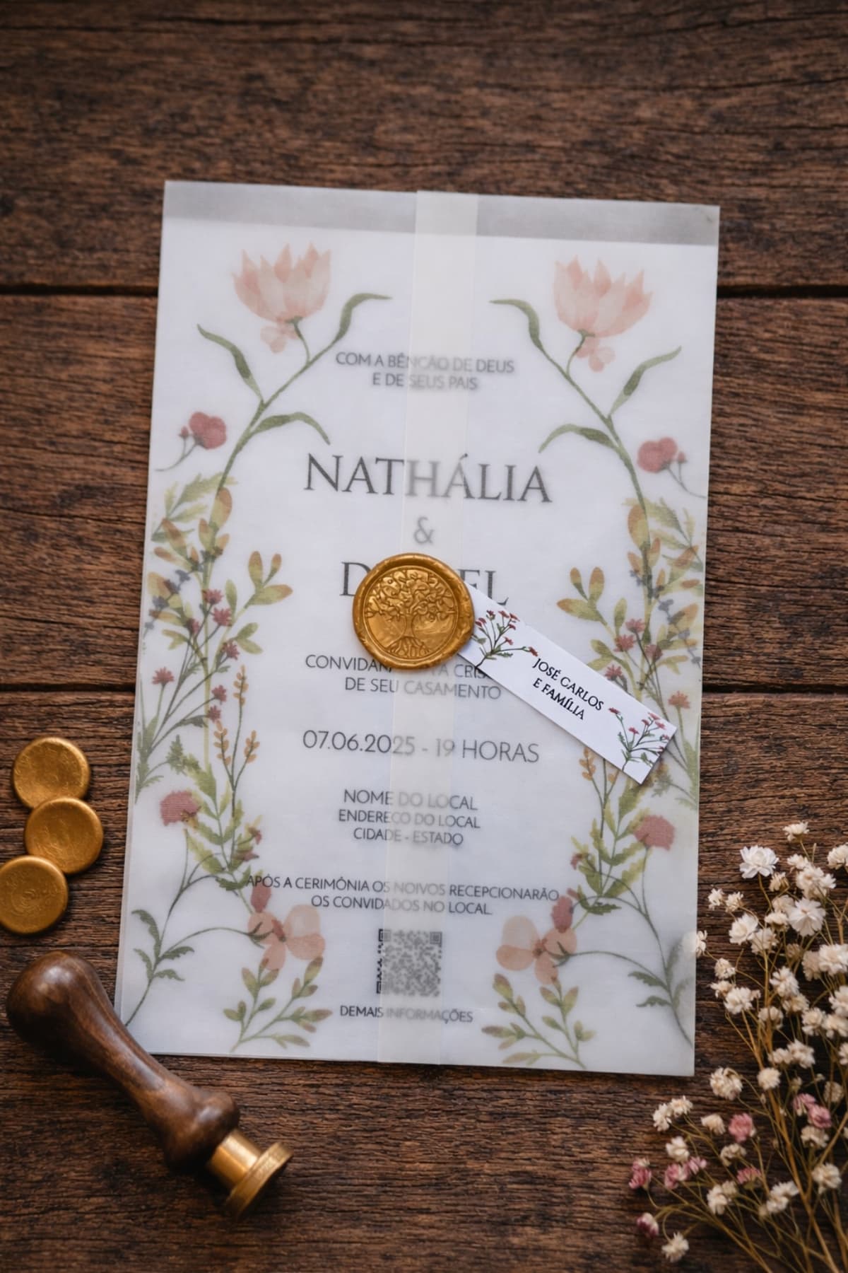 Convite de Casamento Translúcido floral Wildflower com Lacre de Cera