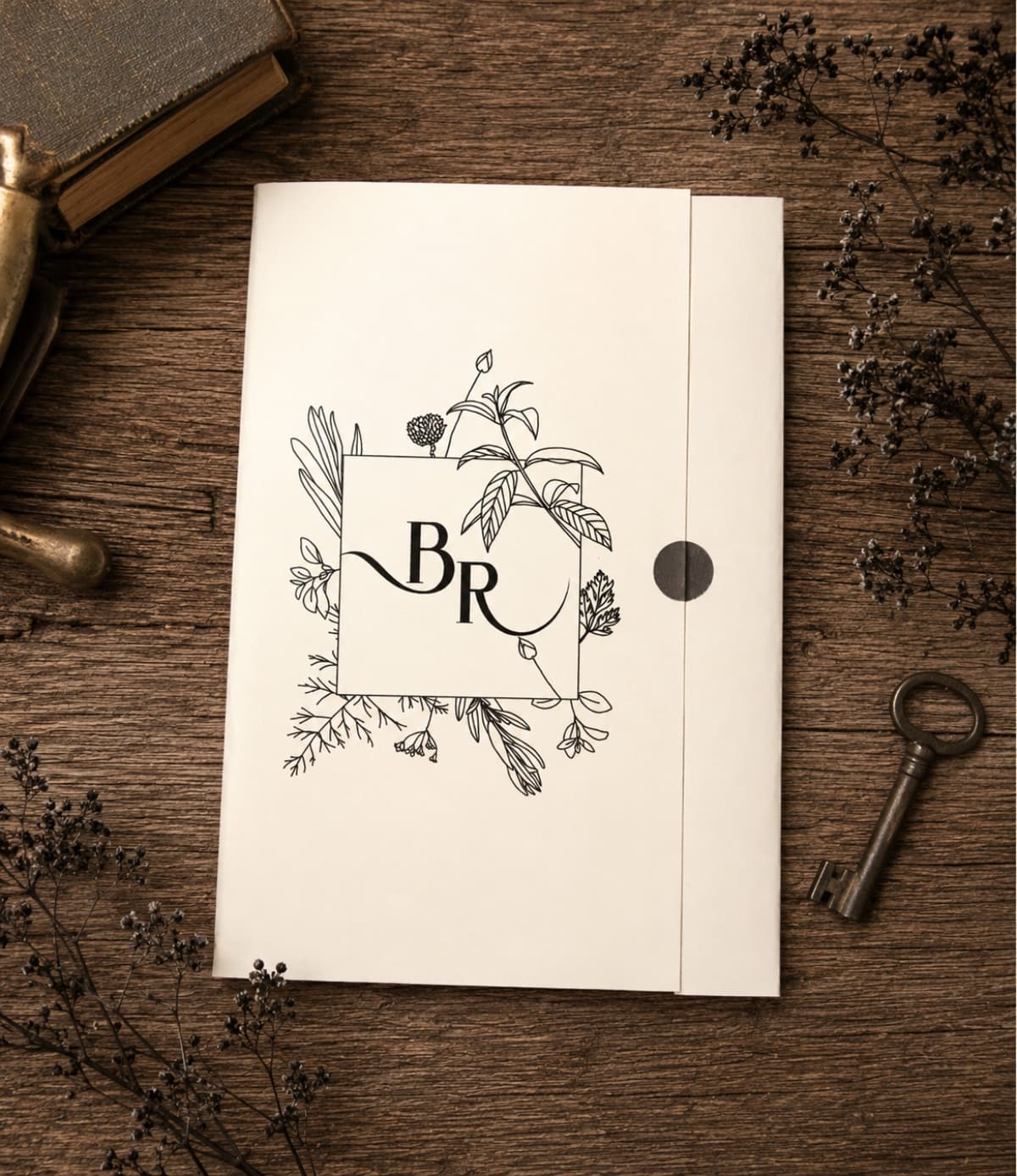 Convite de Casamento Minimalista com Duas Dobras e Ilustração Botânica Preto e Branco