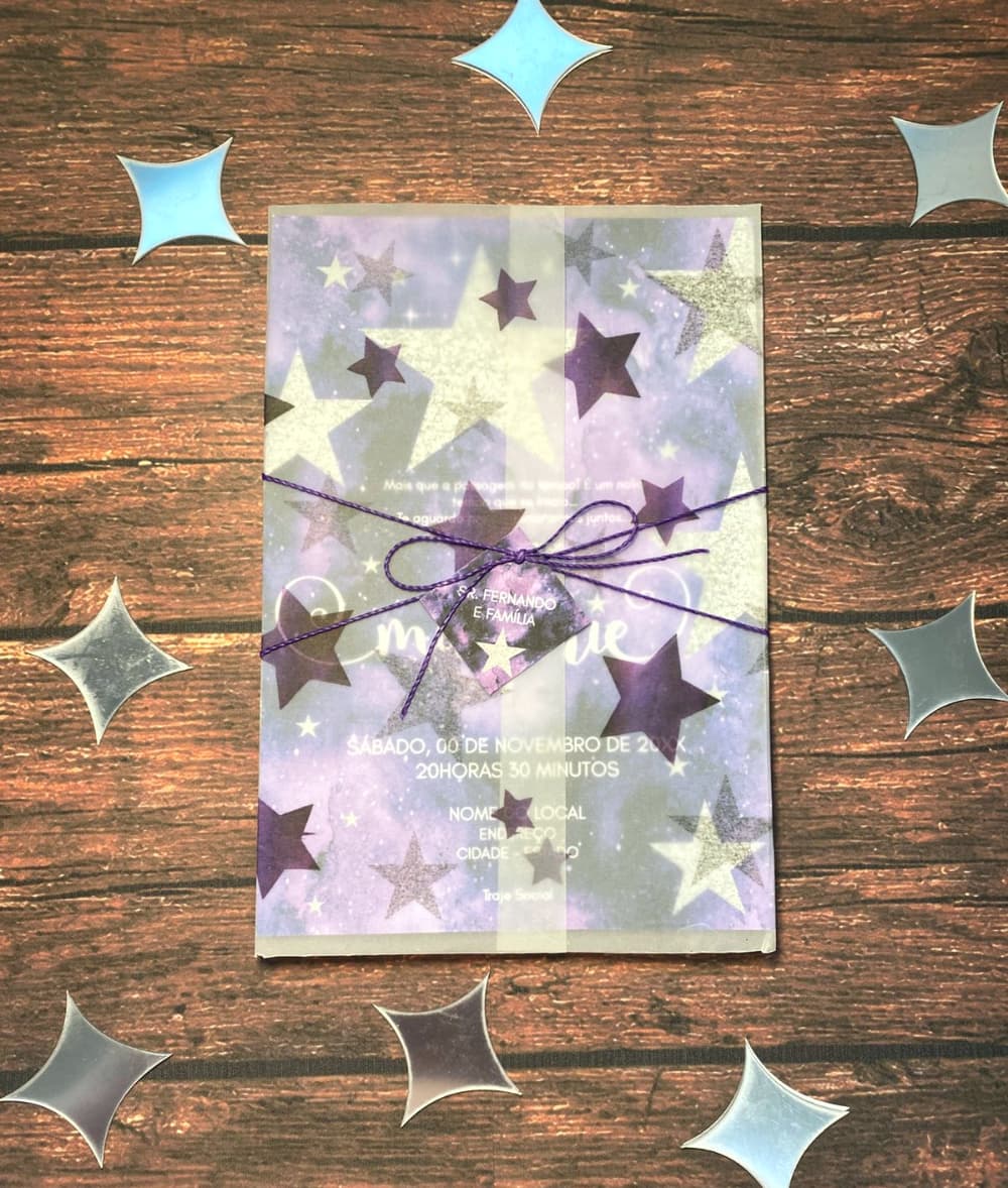 Convite de Debutante 15 Anos Tema Galáxia Roxo e Prata em Papel Vegetal