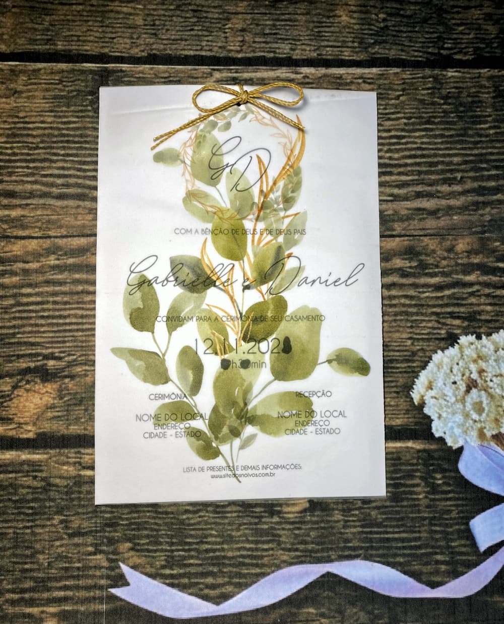 Convite de Casamento Papel Vegetal com Folhas Verdes e Dourado