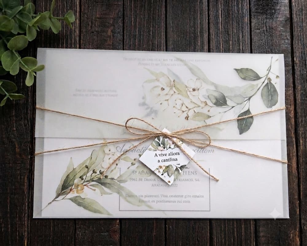 Convite de Casamento Papel Vegetal Verde e Dourado com Folhagens Convite de Casamento Papel Vegetal Verde e Dourado com