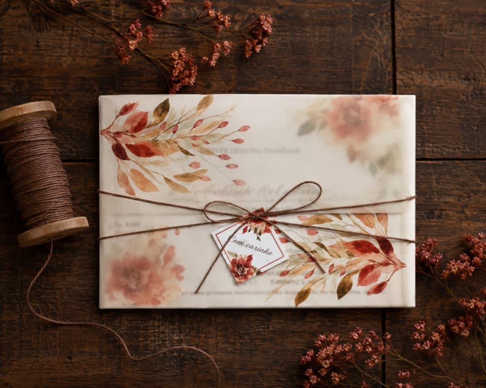 Convite de Casamento Floral Terracota com Papel Vegetal e Cordão Rústico