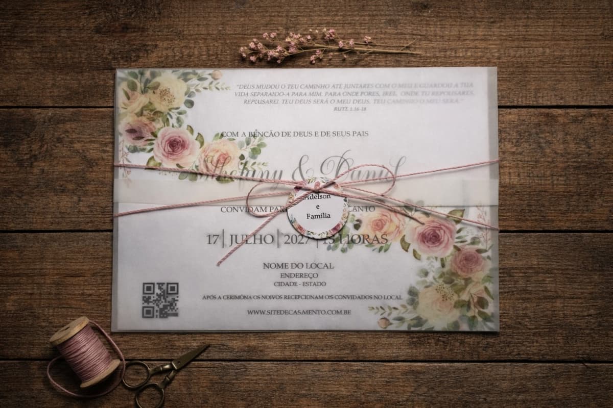 Convite de Casamento Floral Rosa com Envelope Translúcido, Cordão e Tag