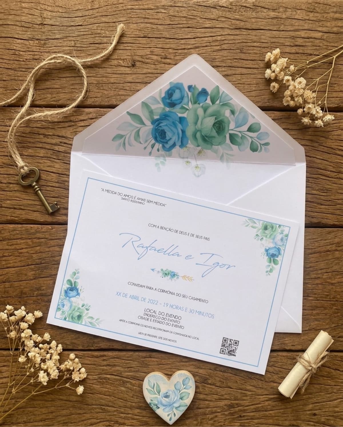 Convite de Casamento Floral Azul e Verde Água com Envelope Forrado