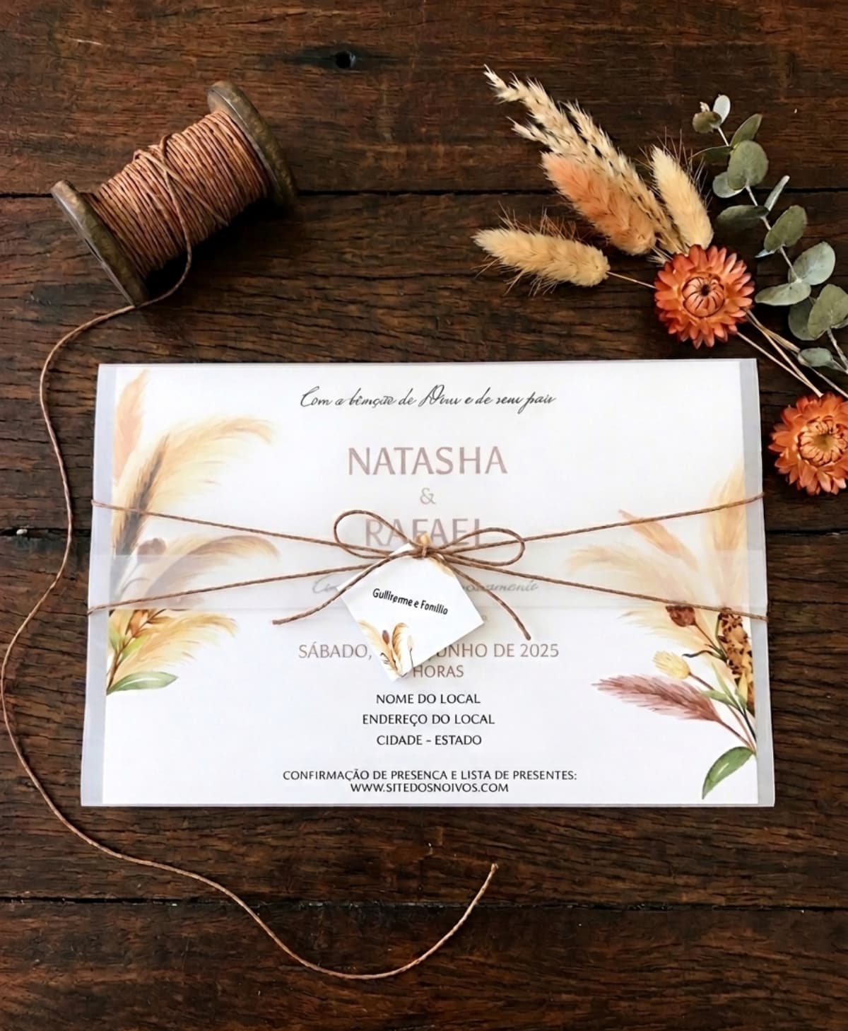 Convite de Casamento Boho Chic Capim dos Pampas com Envelope Vegetal
