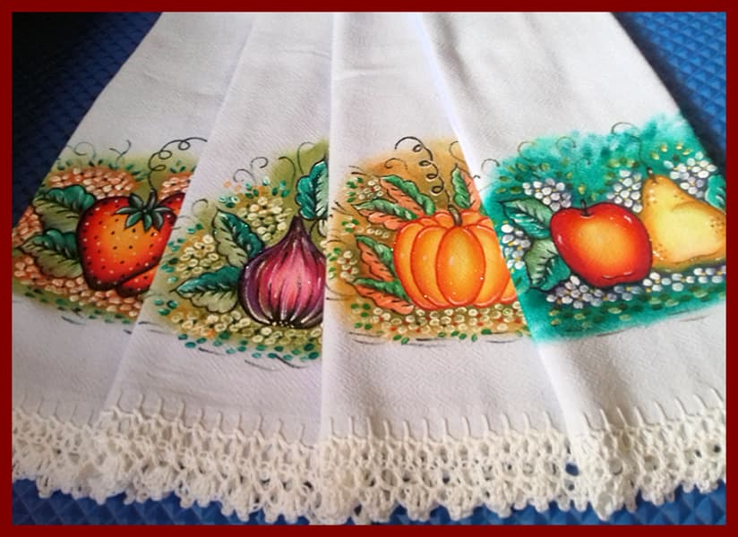 Kit 10 Panos de Prato Pintado Mão Livre Barrado Croche Branco