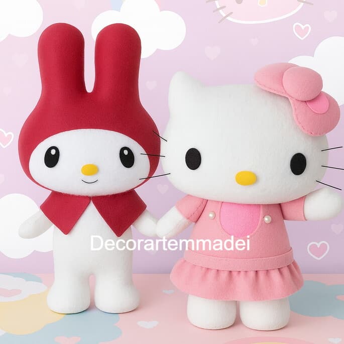Hello Kitty e Melody Bonecas Decorativas em Feltro