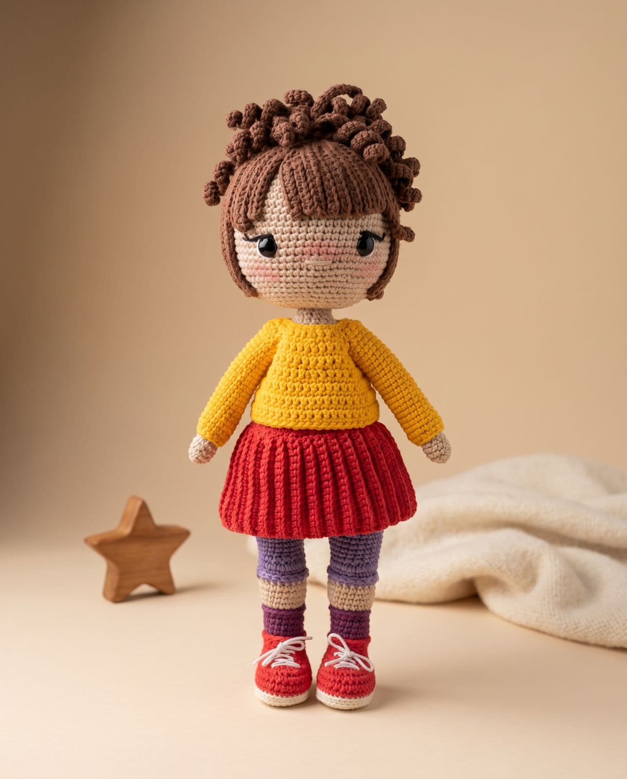 Boneca Amigurumi de Crochê Michele - Com Suéter Amarela e Saia Vermelha