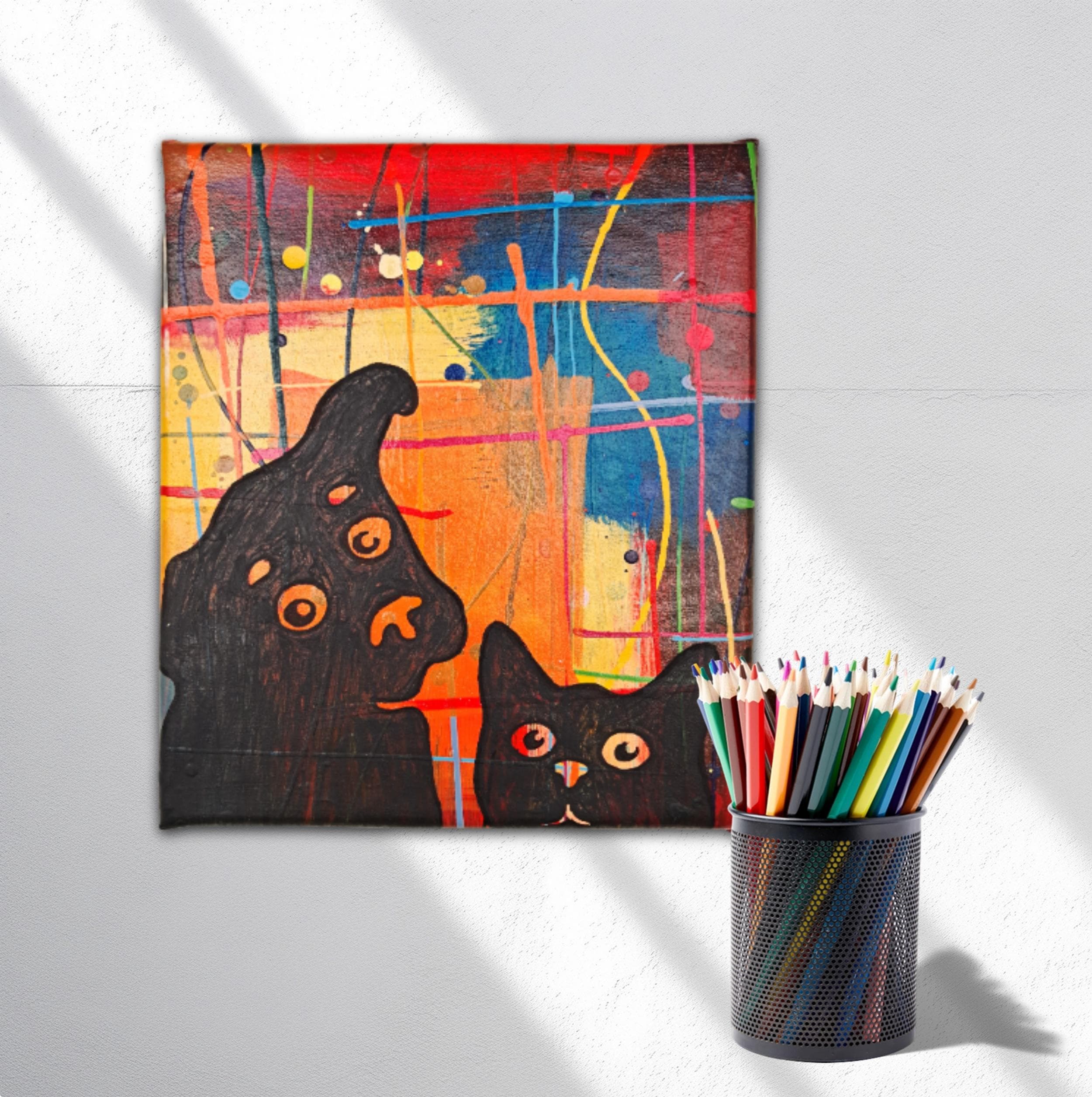 Quadro Decorativo de Cão e Gato com fundo abstrato pintado a mao