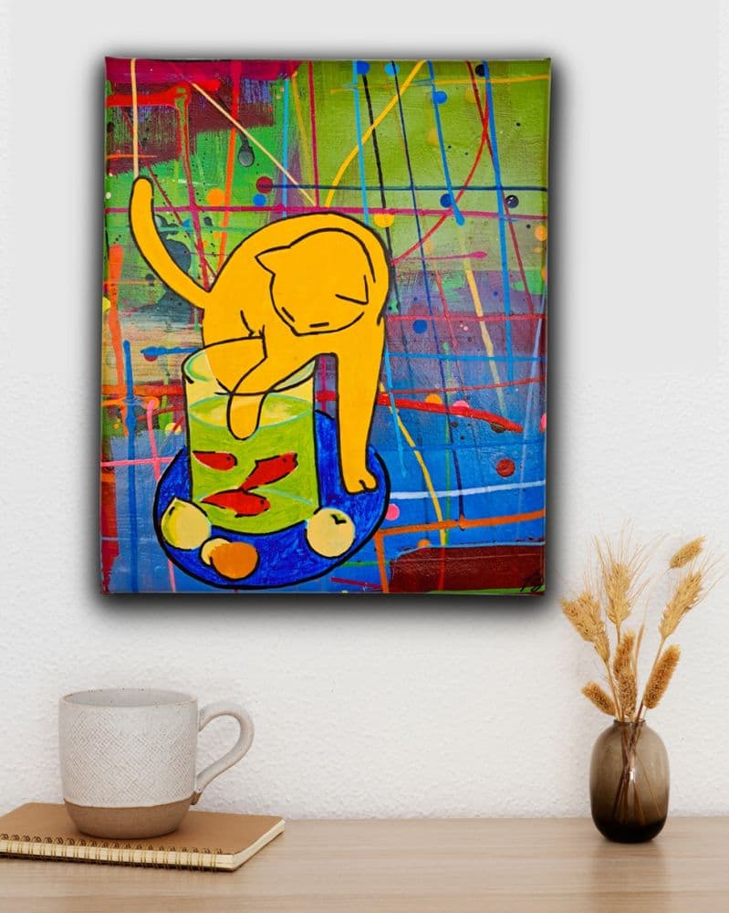 Quadro Decorativo em Acrílico Pintado a Mão Inspirado em quadro O Gato Com Peixes Vermelhos de Matisse