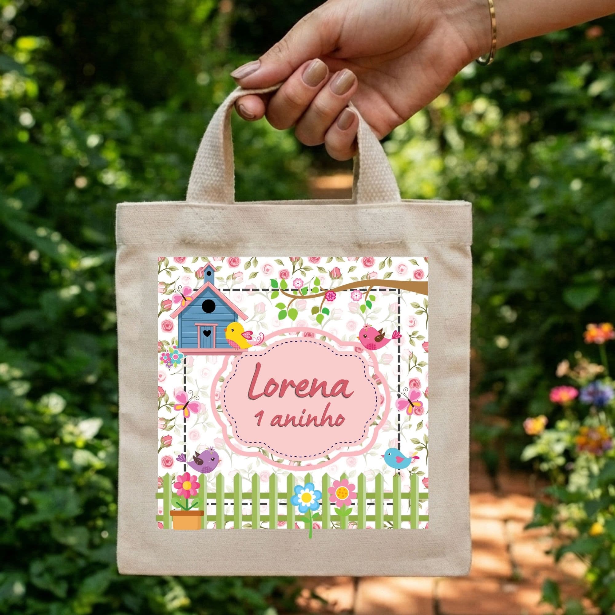 Sacola Mini Ecobag Personalizada para lembrancinhas 20x20 cm Passarinhos Jardim Encantado