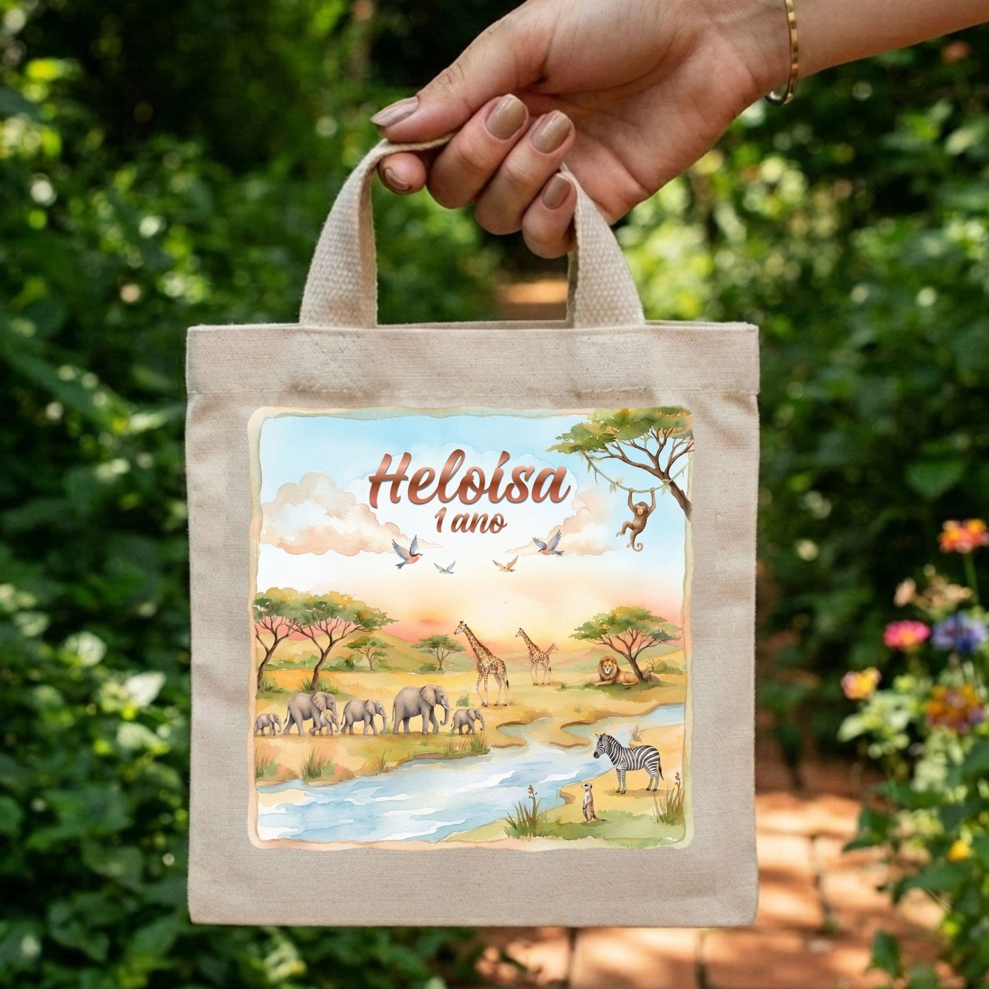 Sacola Mini Ecobag Personalizada Safari aquarela para lembrancinhas 20x20 cm