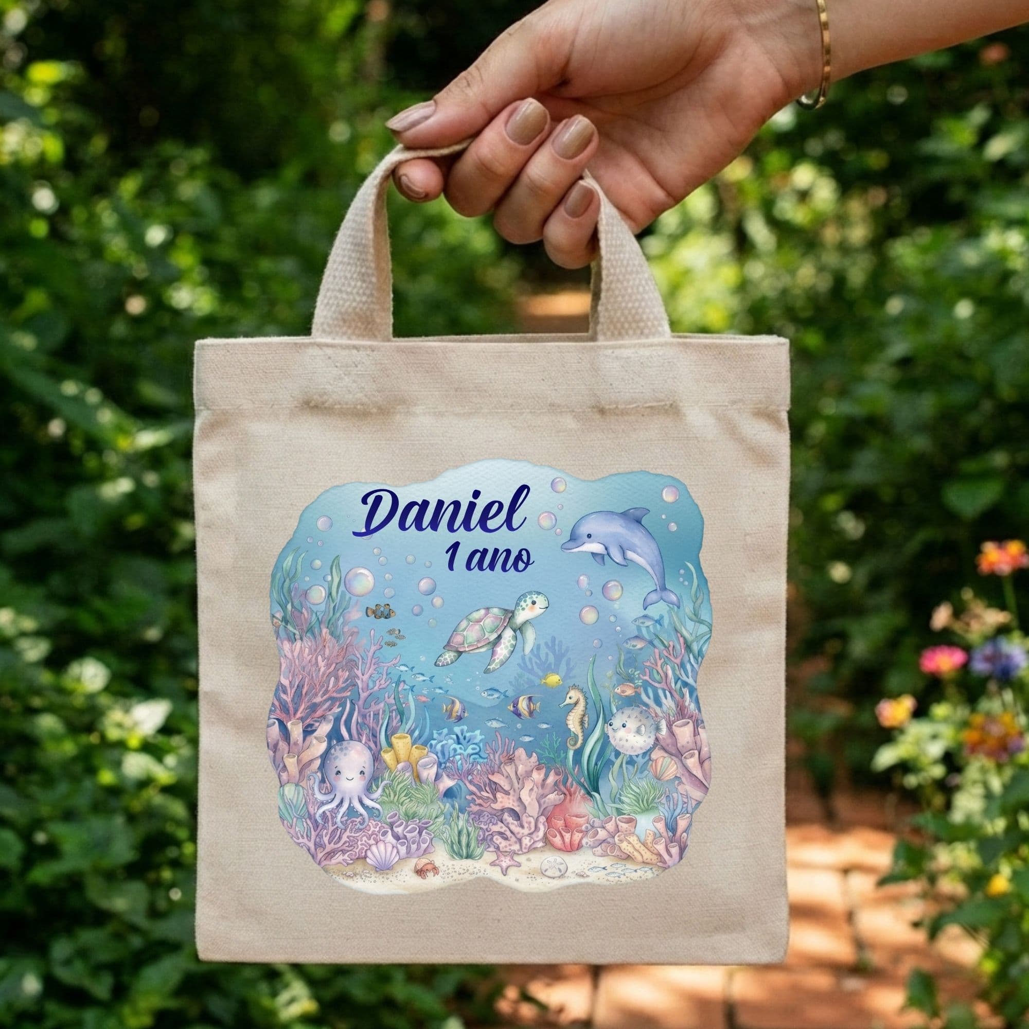 Sacola Mini Ecobag Personalizada para lembrancinhas 20x20 cm Fundo do mar aquarela