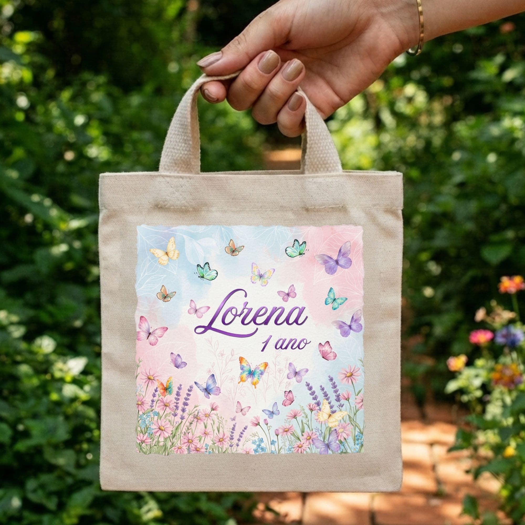 Sacola Mini Ecobag Personalizada para lembrancinhas 20x20 cm Jardim das Borboletas