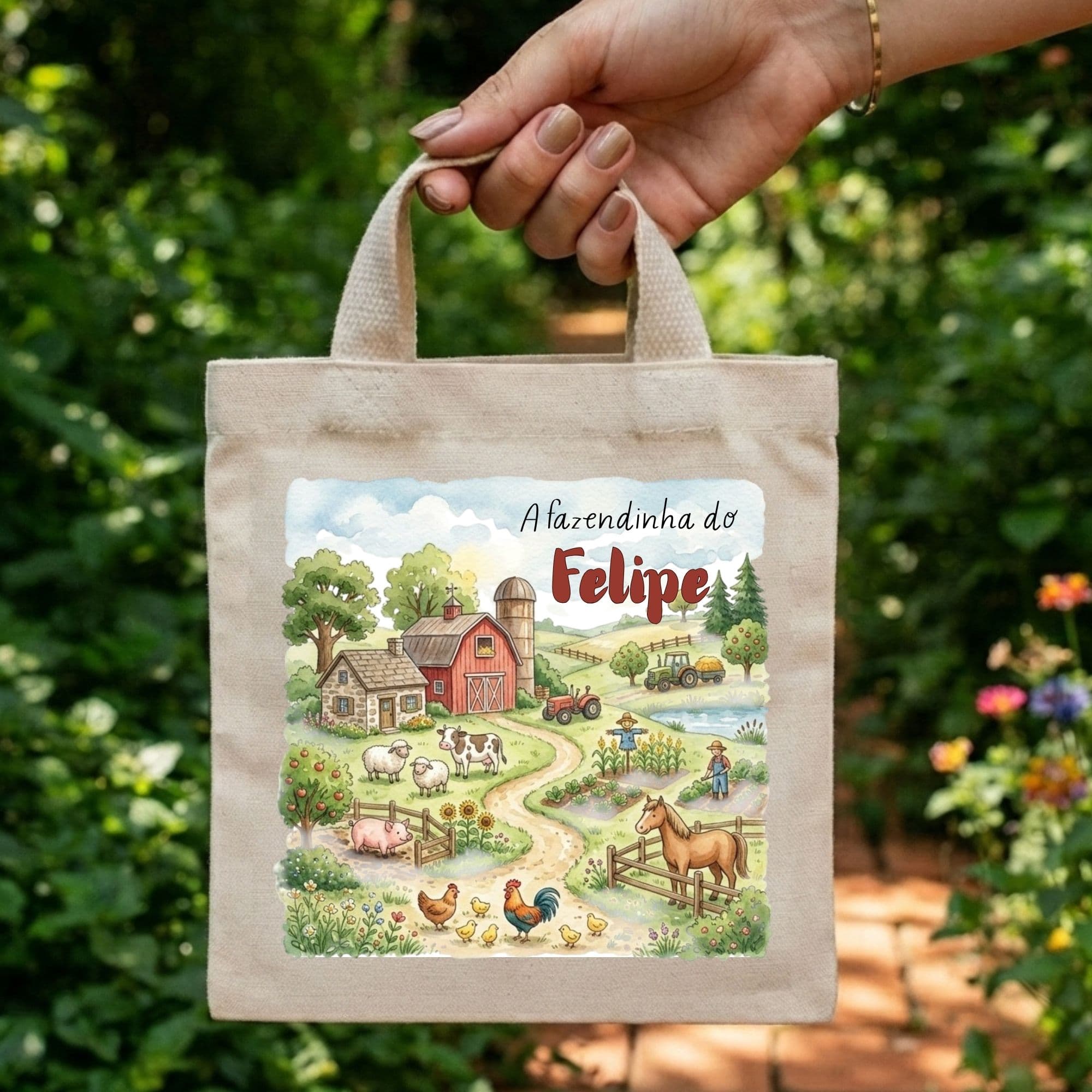 Sacola Mini Ecobag Personalizada para lembrancinhas 20x20 cm Fazendinha Aquarela