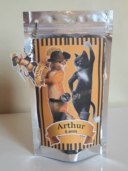 Saquinho Metalizado zip lock com Tag Gato de Botas