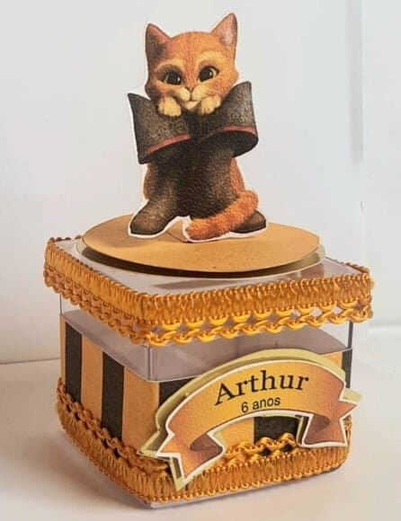 Caixinha Acrílica Lembrancinha de Festa Gato de Botas