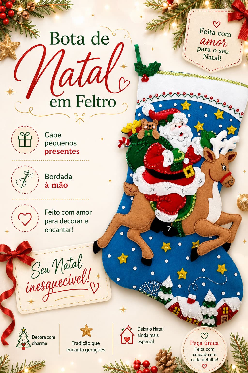 Decoração de Natal | Bota de Natal em Feltro Papai Noel | Lojas, Vitrines, Festas e Eventos