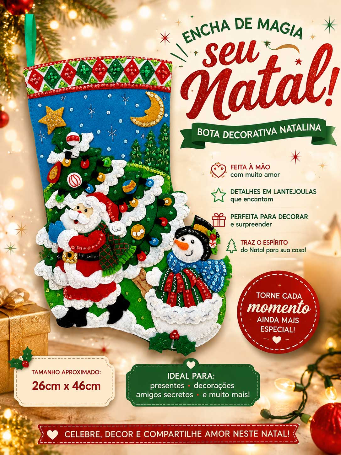 Decoração de Natal | Bota de Natal em Feltro Papai Noel e Boneco de Neve | Lojas, Vitrines, Festas e Eventos