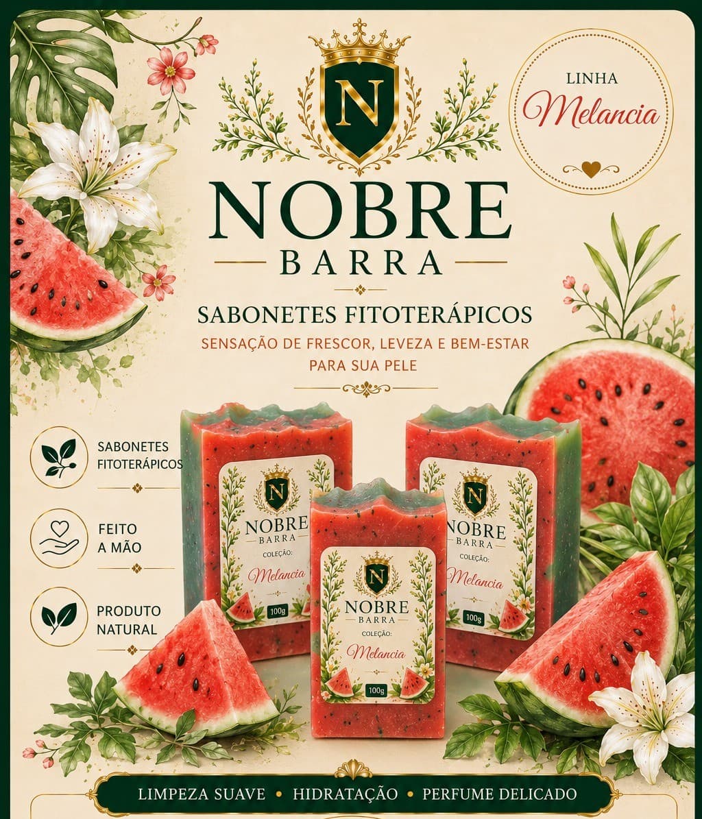 Sabonete artesanal, Sabonete Fitoterápico, Sabonete Glicerinado, Sabonete de MELANCIA, Sabonete feito a Mão, Natural