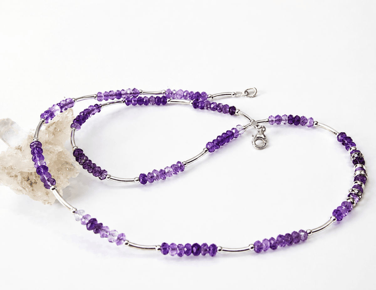 Choker Colar Ametista 3 mm Facetada Rondelle E Prata