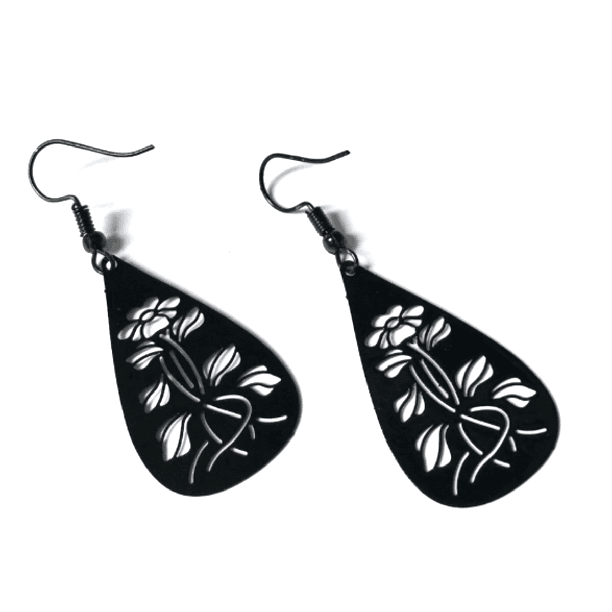 Brinco Gota Negra com Desenho de Flores e Gancho Preto