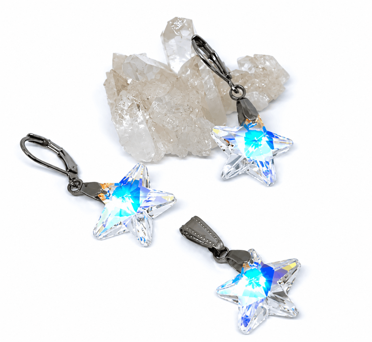 Conjunto Brinco e Pingente Estrela de Cristal AB Aço Inoxidável Antialérgico