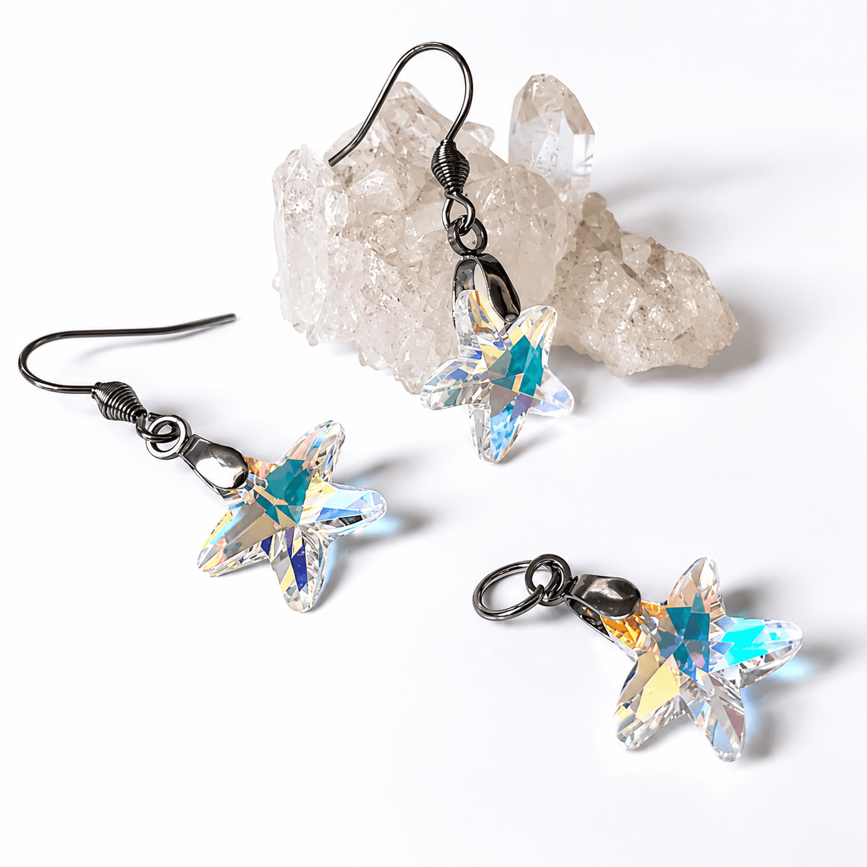 Conjunto Brinco e Pingente Estrela do mar de Cristal AB Aço Inoxidável Antialérgico