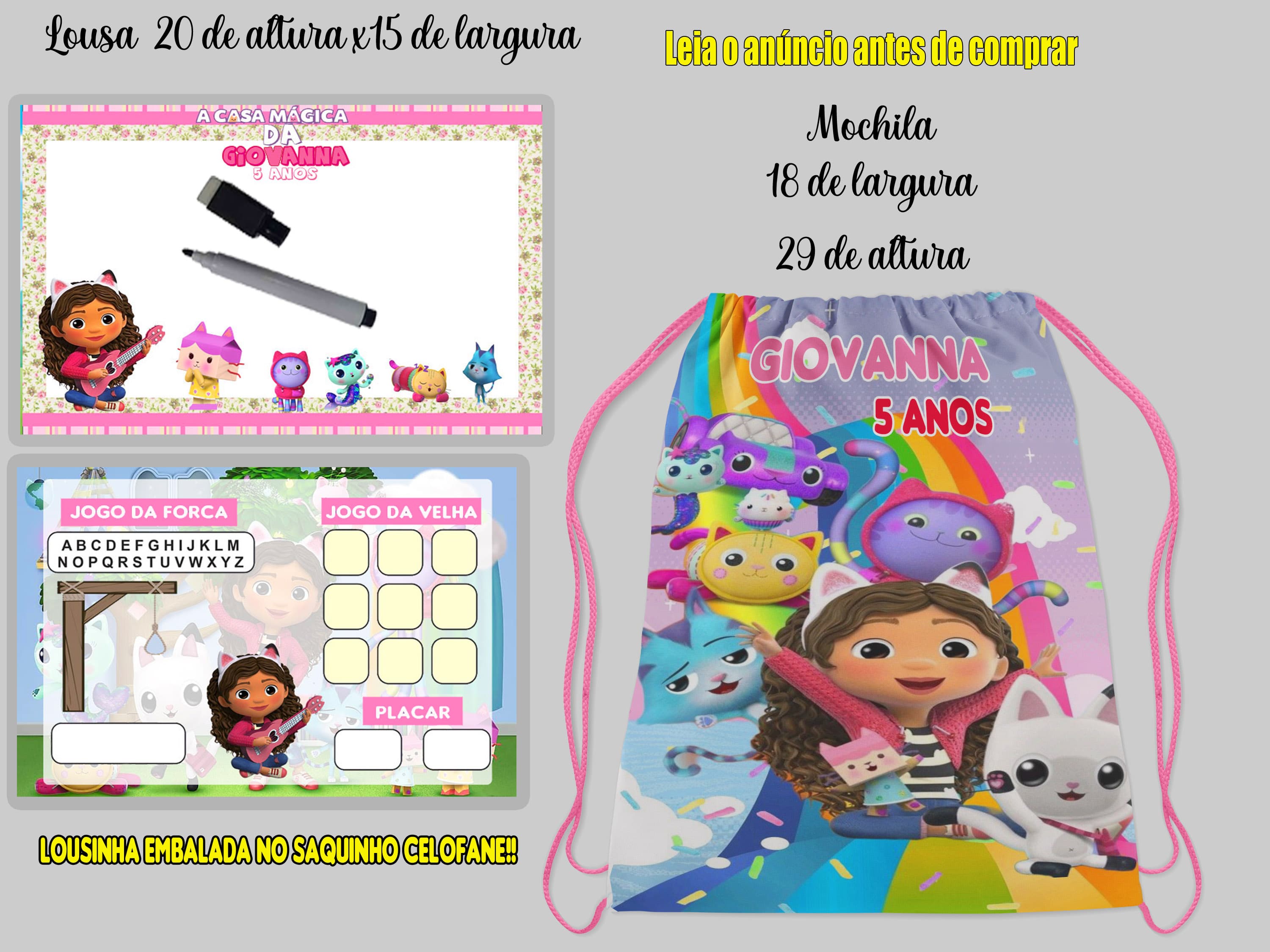 Kit Mochila e Lousa Magica Infantil Personalizada da Casa Magica da Gabby